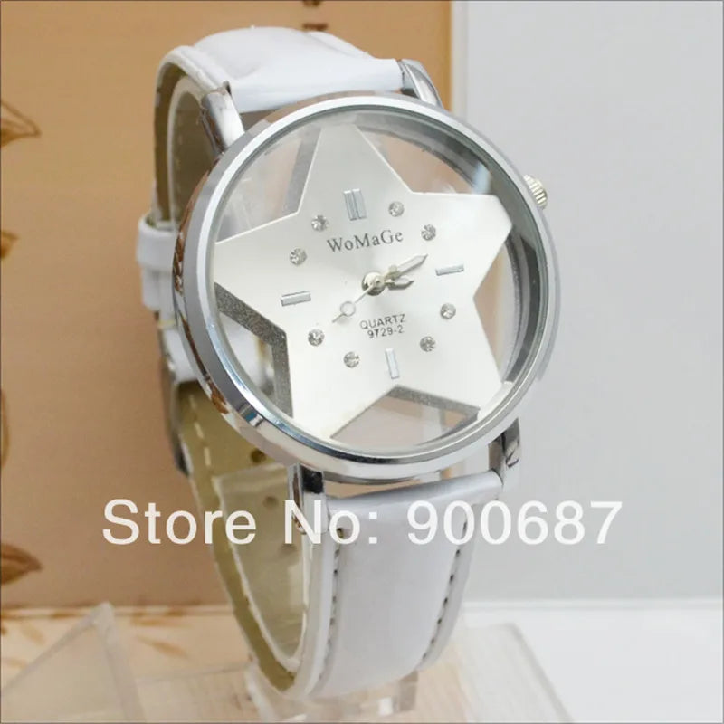 Fashion Star Watch Women Hollow Transparent Watches Leather Belt Quartz Wristwatches Ladies Female Clock WOMAGE reloj mujer