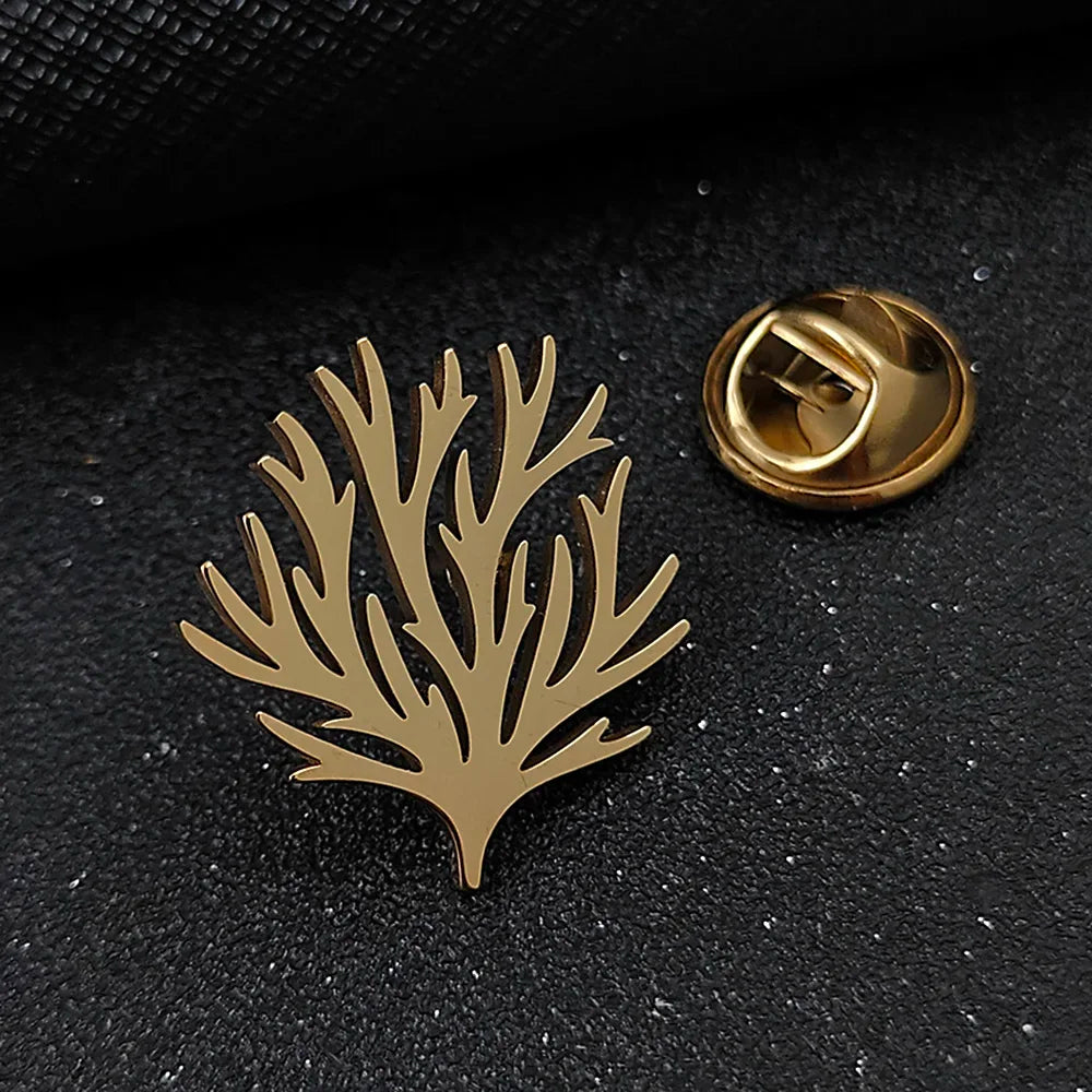 Stainless Steel Seaweed Tree Brooch for Men Suit Lapel Pins Men Jewelry Accessories Personalized Wedding Party Gifts for Dad