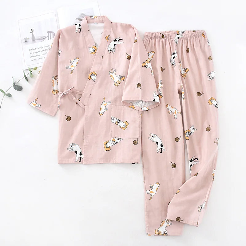 Women Kimono Pajamas Homewear Suit Cat Printing Cartoon Design Long Trousers Sleep Wear Spring and Summer Women Pijamas De Mujer