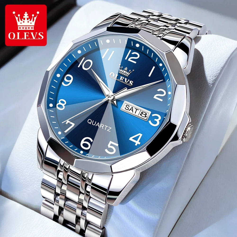 OLEVS 9970 New Luxury Quartz Couple Watch For Men Women Number Dial Rhombus Mirror Hand Clock Stainless Steel Original Watches