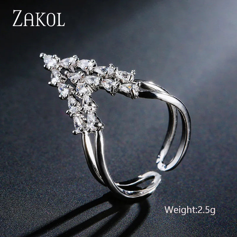 ZAKOL Fashion White Zirconia Leaf Open Rings for Girl Trendy Crystal Wing Finger Adjust Ring Party Women Jewelry