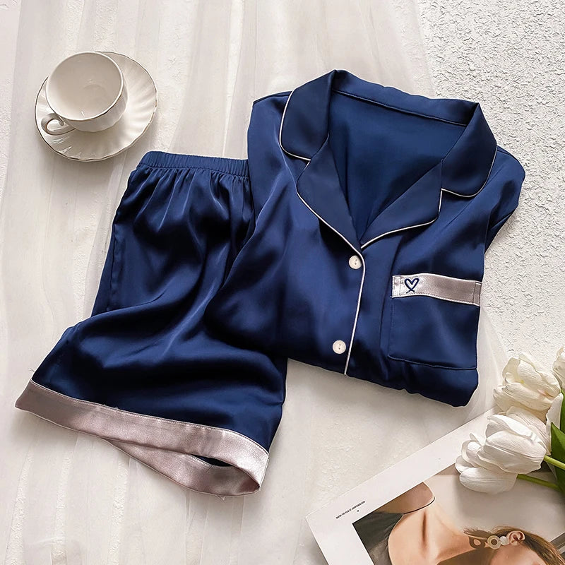 Embroidery Grapic Women's Pajama Set Faux Silk Satin Pajamas Sets Two Piece Shorts Set Women Comfortable Home Pajamas Clothing