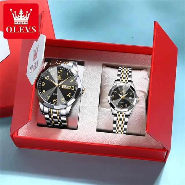 OLEVS 9970 Couple Watch Classic Digital Dial Stainless Steel Rhombus Mirror Luxury Top Quartz Watches for Men Women Lover's Gift