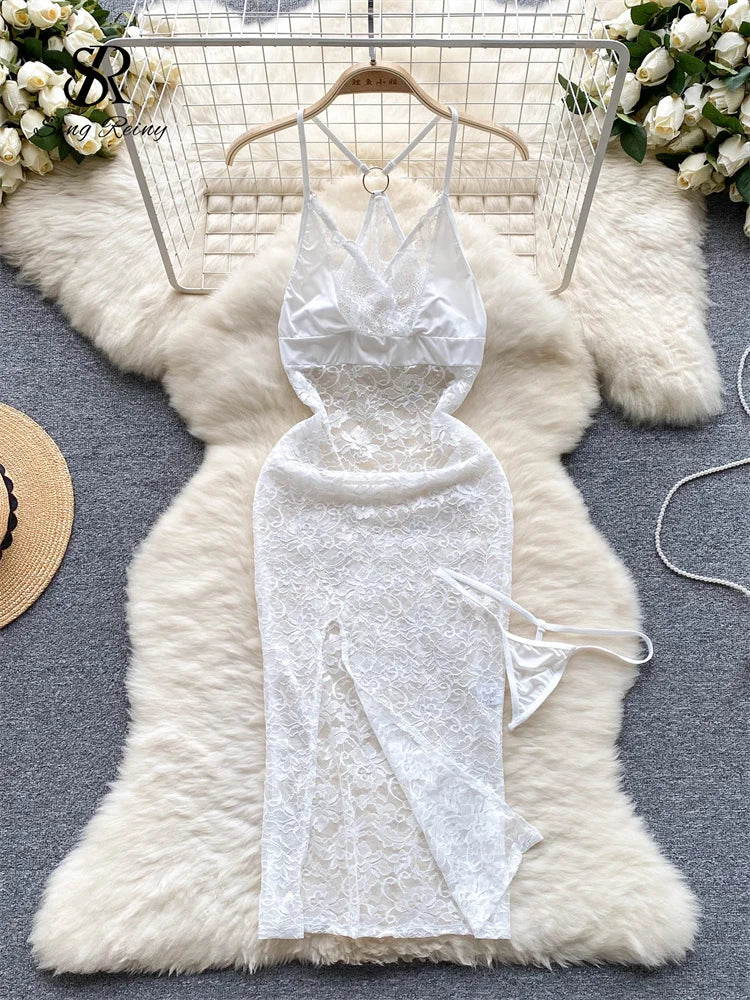 SINGREINY Summer France Sensual Night Dress Erotic Hollow Out Camis Lingerie Nightwear Women Split Slim Sheer Lace Pajamas Dress