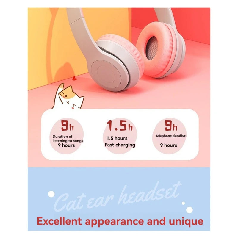 Bluetooth Cat Ear Headphones For Kids Wireless Mode Foldable Headset With Mic, RGB LED Light For Gift School Gaming