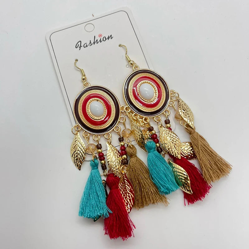 Fashion Boho Oval Drop Glaze Tassel Earrings for Women Ethnic Temperament Metal Leaf Bead Dangle Earring Vacation Party Jewelry