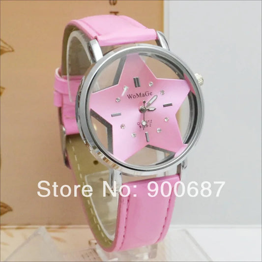 Fashion Star Watch Women Hollow Transparent Watches Leather Belt Quartz Wristwatches Ladies Female Clock WOMAGE reloj mujer