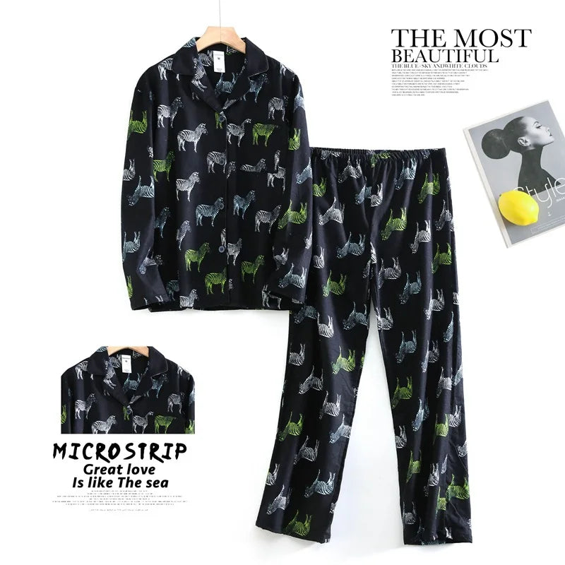 Women's Autumn and Winter Cartoon Printed Fashion Pattern Cotton Warm Brushed Homewear Pajamas Suit for Women Sleepwear