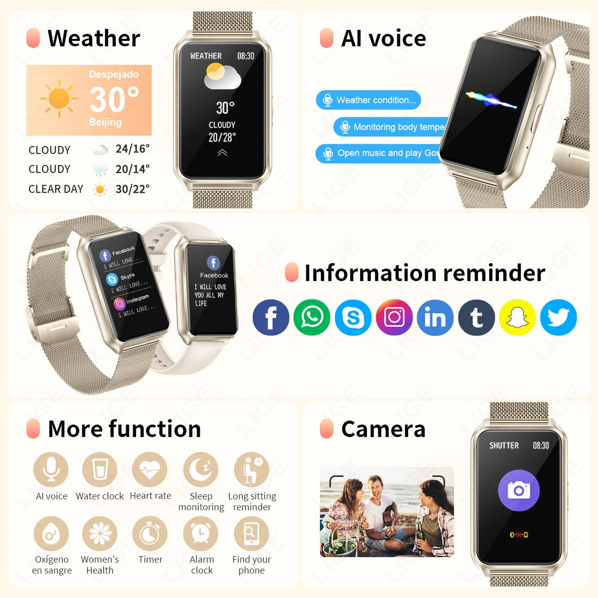 LIGE Luxury Smart Watch Women Bluetooth Connected Phone Sports Bracelet Health Monitor Music Ladies Smartwatch For Xiaomi HUAWEI