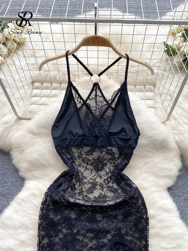 SINGREINY Summer France Sensual Night Dress Erotic Hollow Out Camis Lingerie Nightwear Women Split Slim Sheer Lace Pajamas Dress