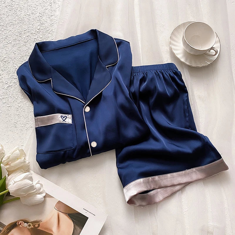 Embroidery Grapic Women's Pajama Set Faux Silk Satin Pajamas Sets Two Piece Shorts Set Women Comfortable Home Pajamas Clothing