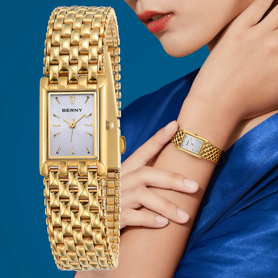 BERNY Gold Watch for Couple Luxury Women/Men Wristwatch Waterproof Golden Clock Quartz Stainless Steel Fashion Men Ladies Watch