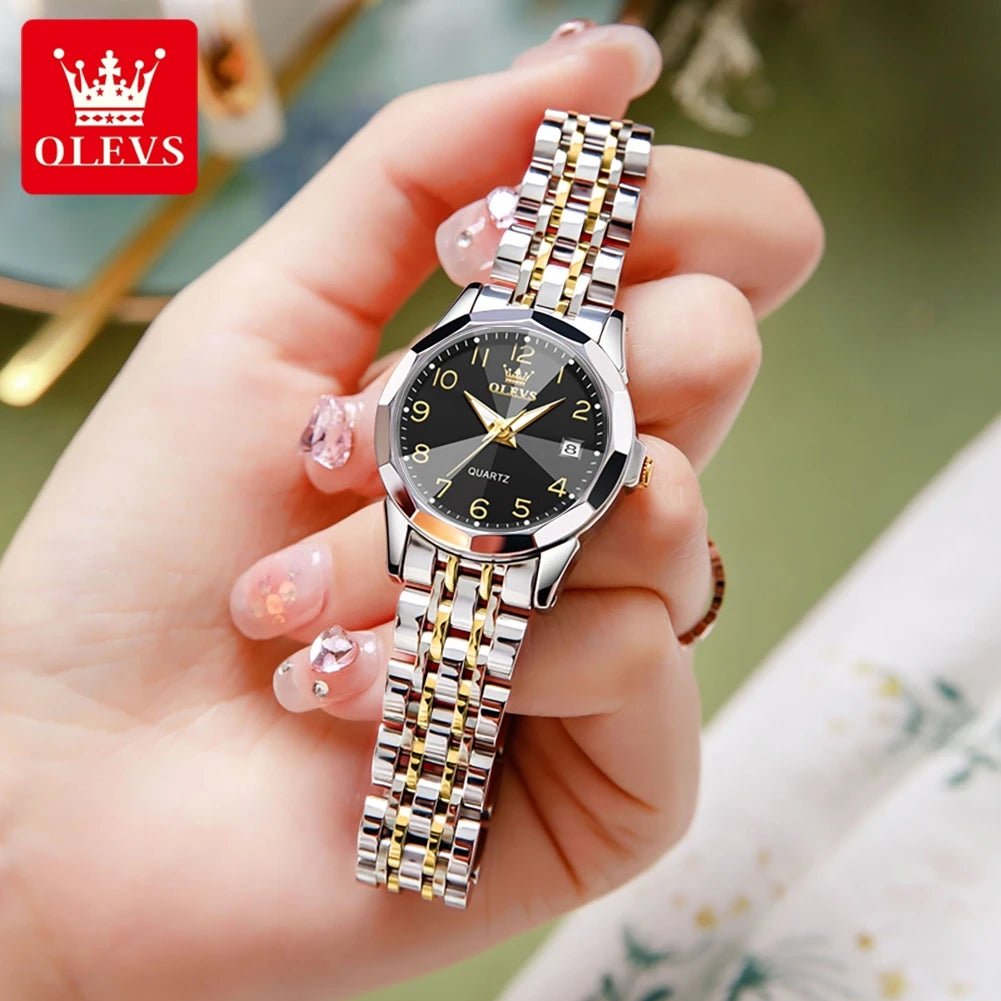 OLEVS 9970 New Luxury Quartz Couple Watch For Men Women Number Dial Rhombus Mirror Hand Clock Stainless Steel Original Watches