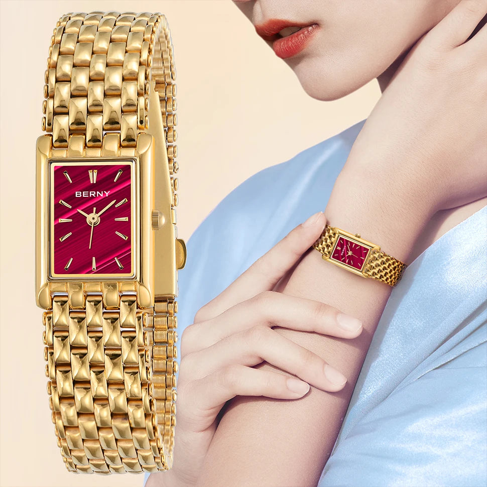 BERNY Gold Watch for Couple Luxury Women/Men Wristwatch Waterproof Golden Clock Quartz Stainless Steel Fashion Men Ladies Watch