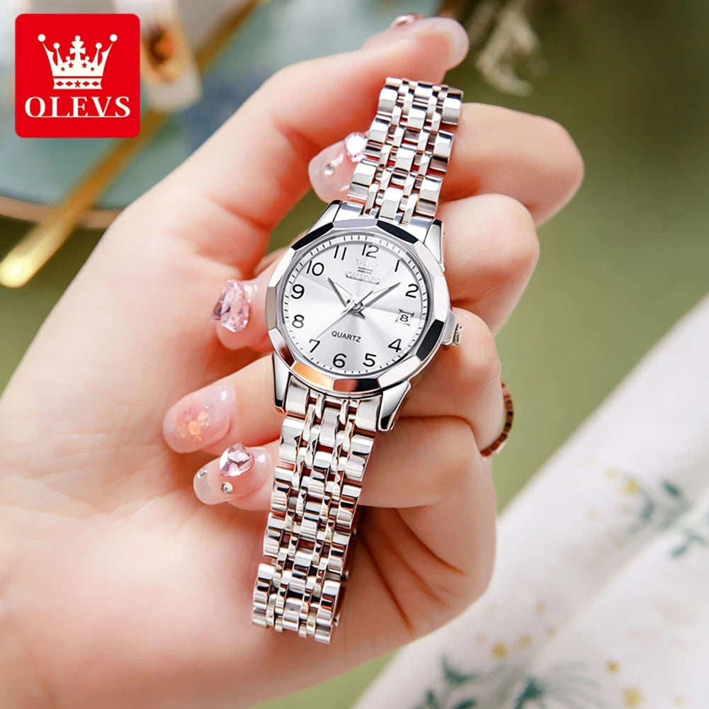 OLEVS 9970 New Luxury Quartz Couple Watch For Men Women Number Dial Rhombus Mirror Hand Clock Stainless Steel Original Watches