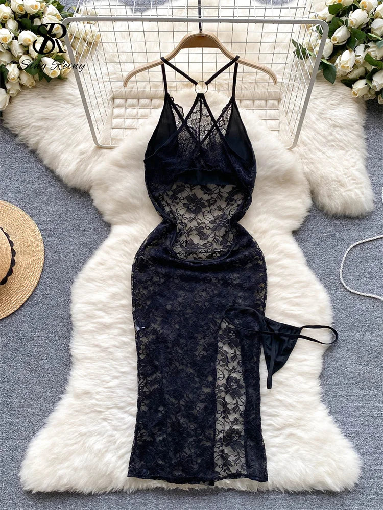 SINGREINY Summer France Sensual Night Dress Erotic Hollow Out Camis Lingerie Nightwear Women Split Slim Sheer Lace Pajamas Dress