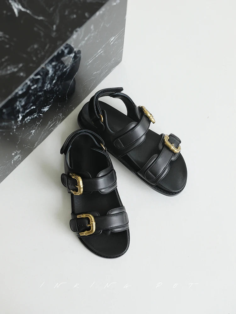 MOOQDAAX 2024 Spring Summer Women Fashion Genuine Leather Thick Sole Roman Sandals Female Solid Color Casual Beach Flat Shoes