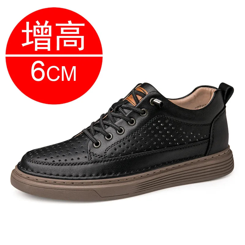 Plus Size 45 46 Men Elevator Shoes Summer Cow Leather Hollow Casual Sports Shoes Man 6cm Height Increasing Lift Sneakers Men