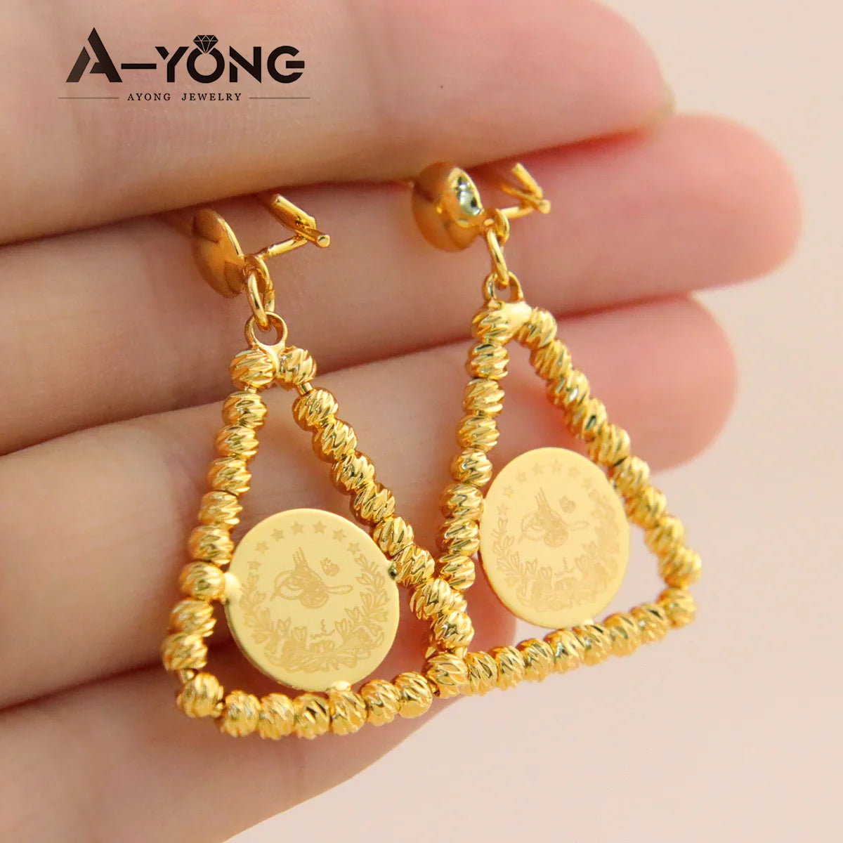 Arab Gold Color Drop Earrings 18K Copper Gold Plated Bead Turkish Fashion Dangle Earring Women Luxury Wedding Party Jewelry Gift
