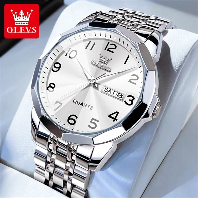 OLEVS 9970 Couple Watch Classic Digital Dial Stainless Steel Rhombus Mirror Luxury Top Quartz Watches for Men Women Lover's Gift