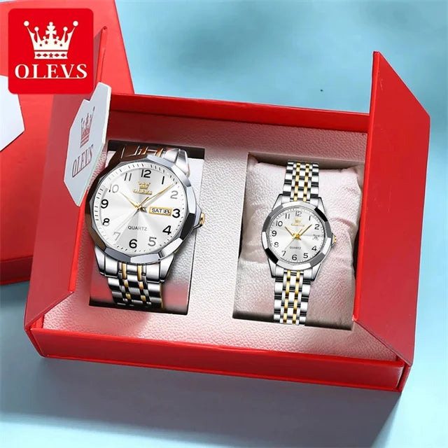 OLEVS 9970 Couple Watch Classic Digital Dial Stainless Steel Rhombus Mirror Luxury Top Quartz Watches for Men Women Lover's Gift