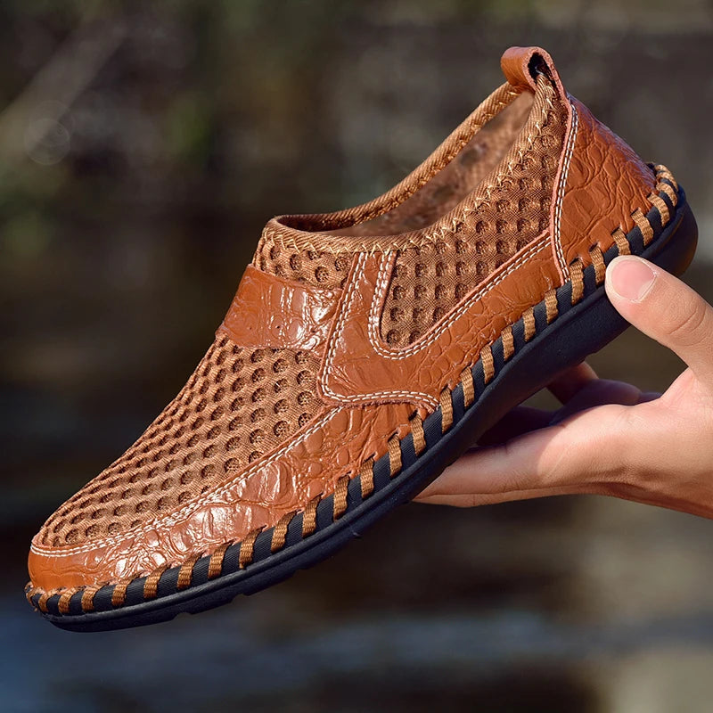 CLOHOO Hand Stitched Handmade Casual Mesh Men's Shoes Comfortable and Breathable Mesh Shoes