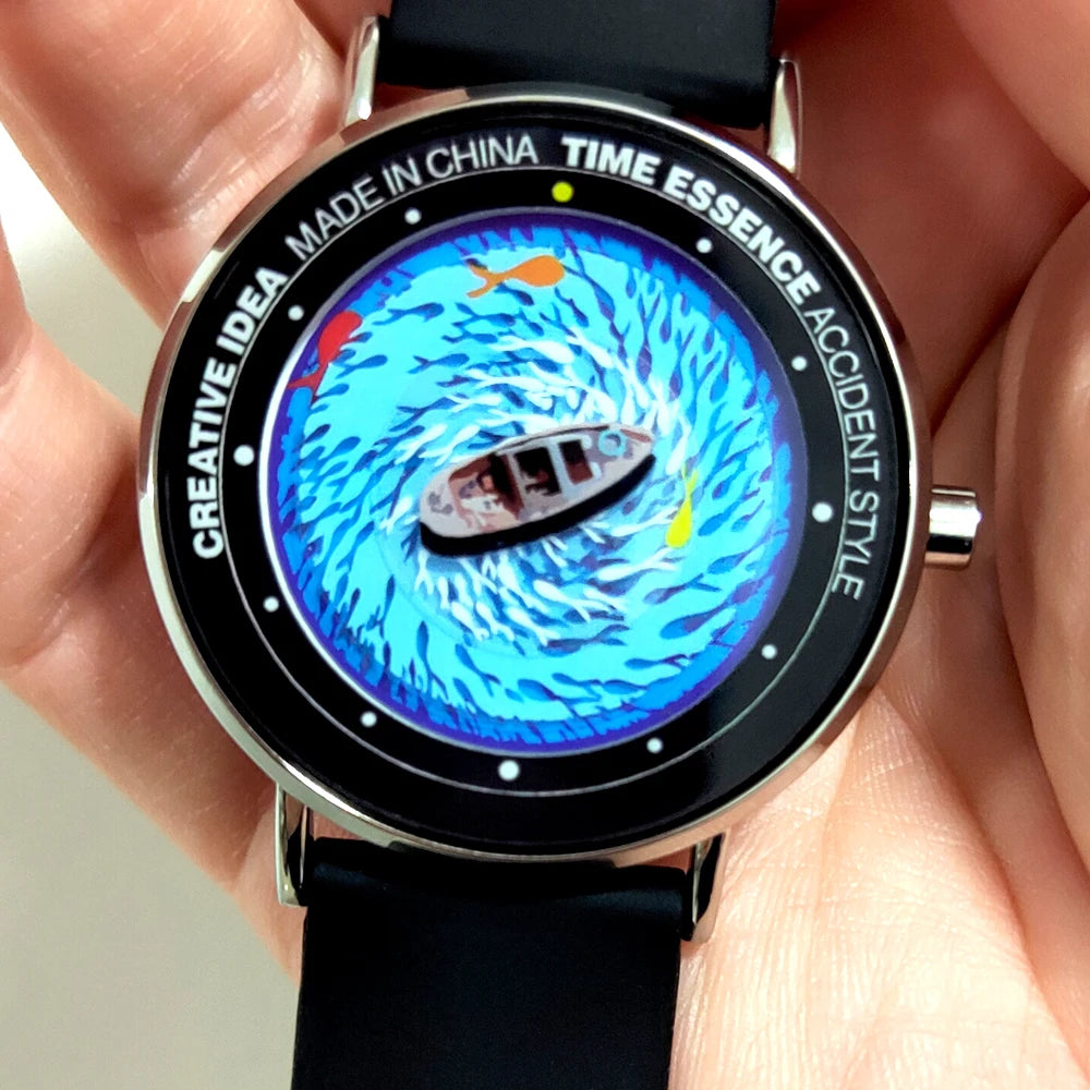 Creative Watches Quartz Original Watch with Ship Wave & Fishes Design Waterproof Wristwatch Comfortable Silicone Strap