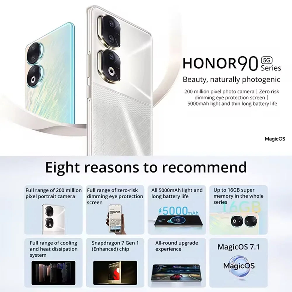 Global Version HONOR 90 5G 200MP Ultra-Clear Camera Snapdragon 7 Gen 1 5000mAh Battery Life 66W Supercharger 120Hz