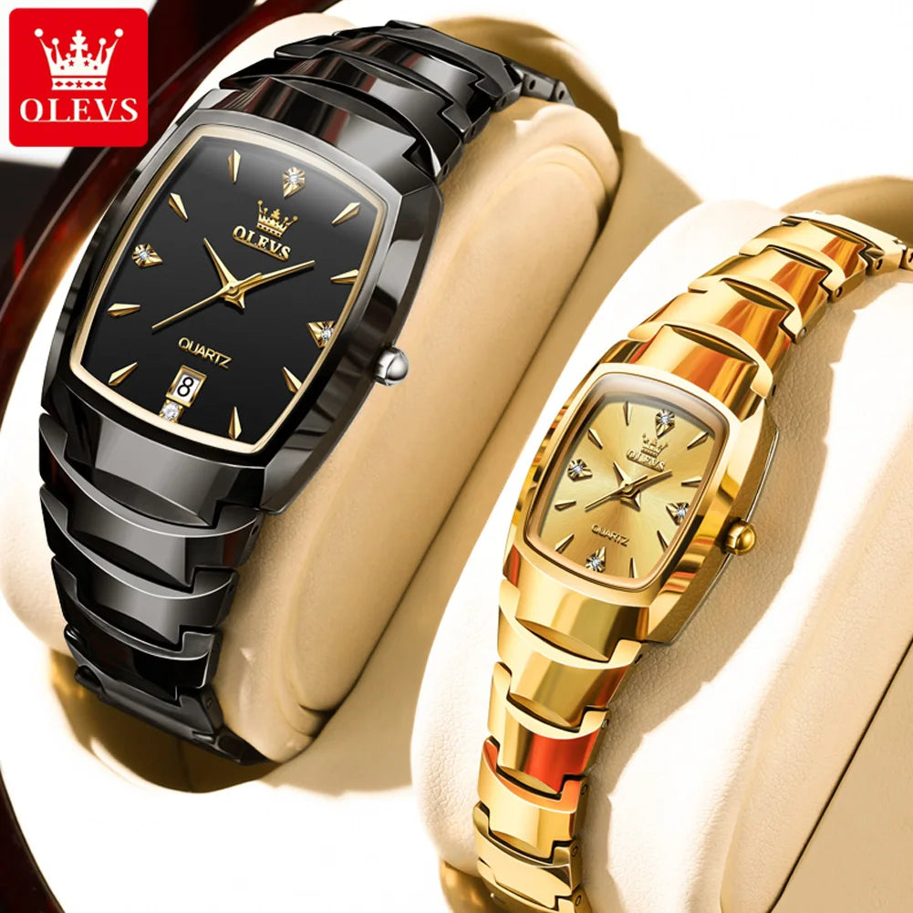 OLEVS 7006 Luxury Brand Couple Quartz Watch Elegant Diamond Date Clock Waterproof Tungsten Steel Band Classic Set Couple Watch
