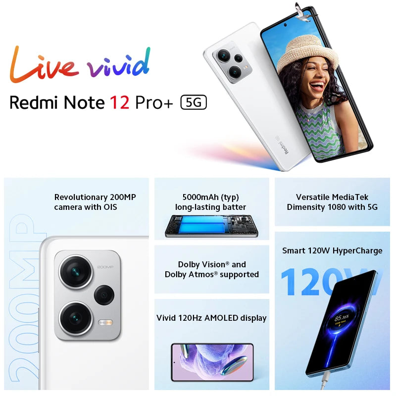 Global Version Xiaomi Redmi Note 12 Pro+ Plus 5G Phone 6.67'' 120Hz Refresh Rate Screen 120W Hyper Charge 5000mAh Battery Life