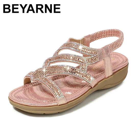 Summer Bohemian Women Sandals Comfortable Wedge Flat Sandals Female Luxury Rhinestones Large Size Beach Women's Shoes New
