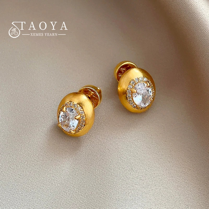 New Mid Ancient Style Metal Brushed Inlaid With Rhinestone Oval Stud Earrings 2024 Fashion Jewelry Luxury Accessories for Womens