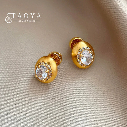 New Mid Ancient Style Metal Brushed Inlaid With Rhinestone Oval Stud Earrings 2024 Fashion Jewelry Luxury Accessories for Womens