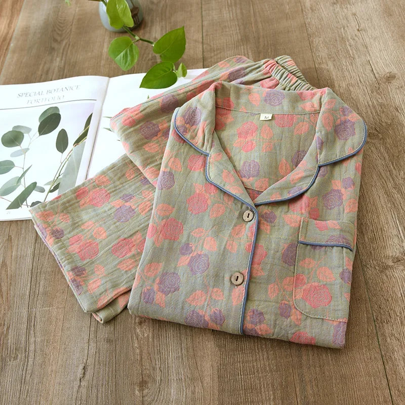 2024 New Women's Spring and Autumn Pajama Set 100% Pure Cotton Retro Chinese Style Long Sleeve Two Piece Set Large Home Fury