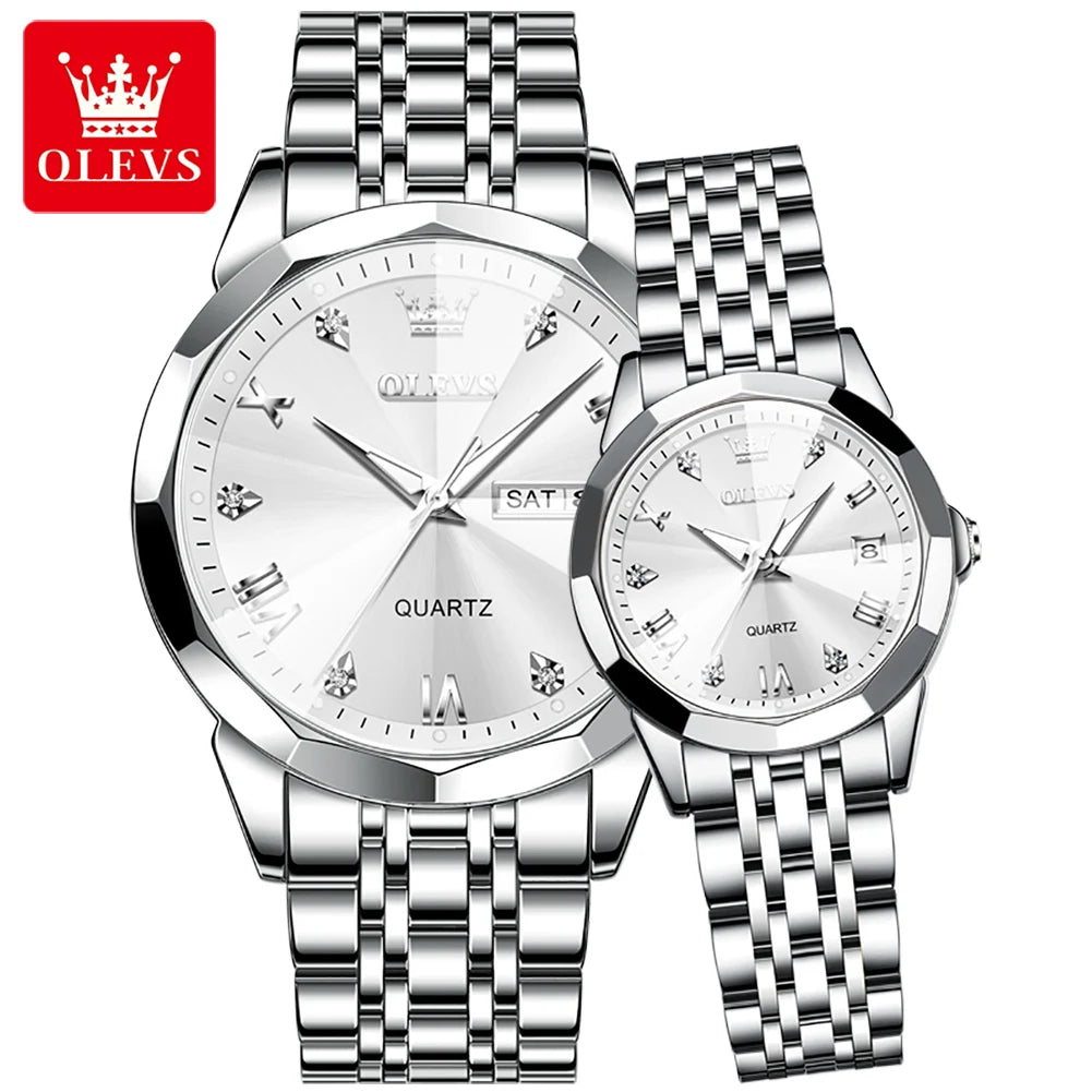 OLEVS 9931 Quartz for Couple Solid Stainless Steel Strap Rhombus Design Fashion Business Wristwatch Men's Watches Waterproof Set