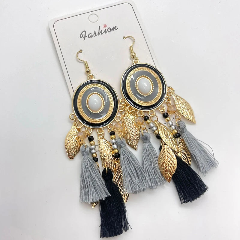 Fashion Boho Oval Drop Glaze Tassel Earrings for Women Ethnic Temperament Metal Leaf Bead Dangle Earring Vacation Party Jewelry