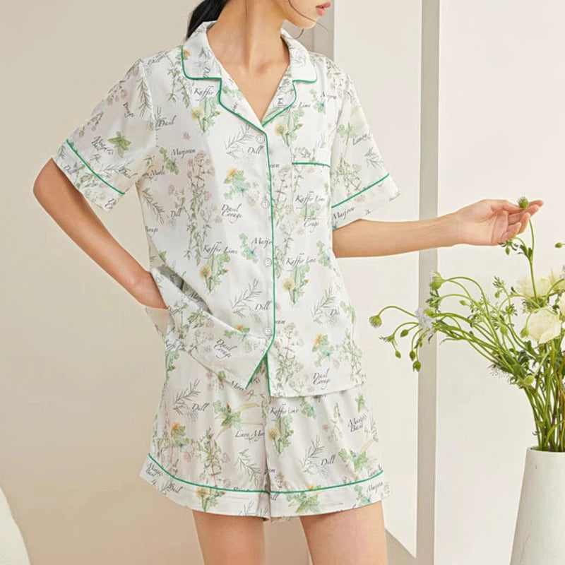 Lotus Leaf Flower Side Cartoon Print Pajamas for Women Purple Bear Graphic Female Short Lounges 2024 New Y2k Summer Housewear