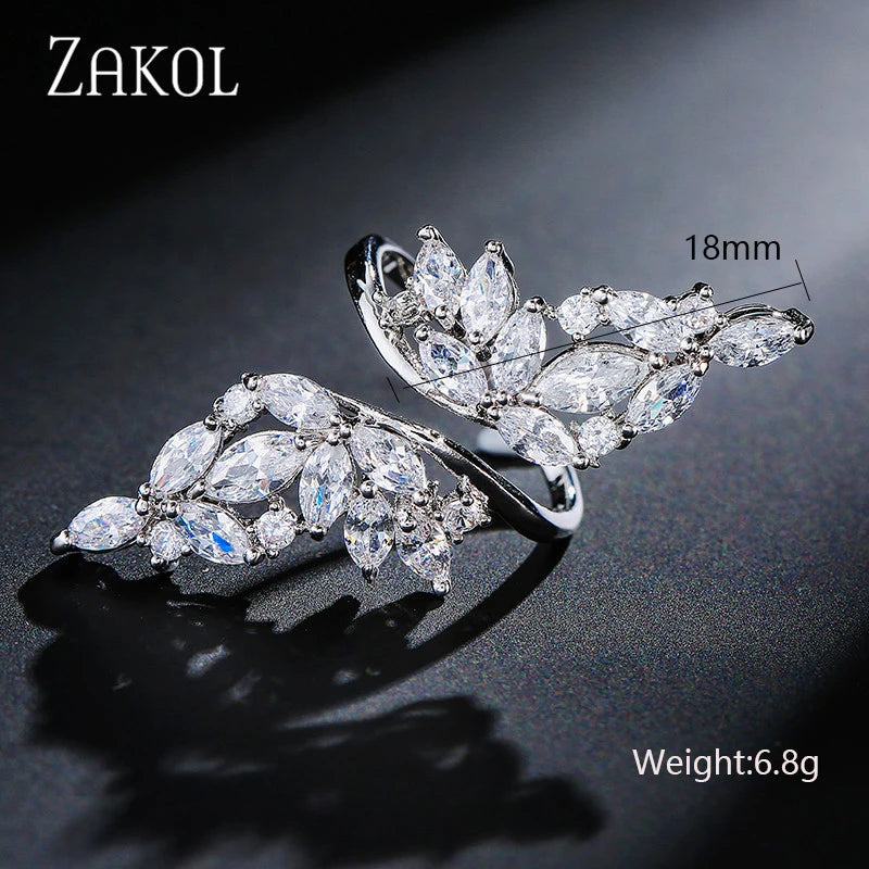 ZAKOL Fashion White Zirconia Leaf Open Rings for Girl Trendy Crystal Wing Finger Adjust Ring Party Women Jewelry