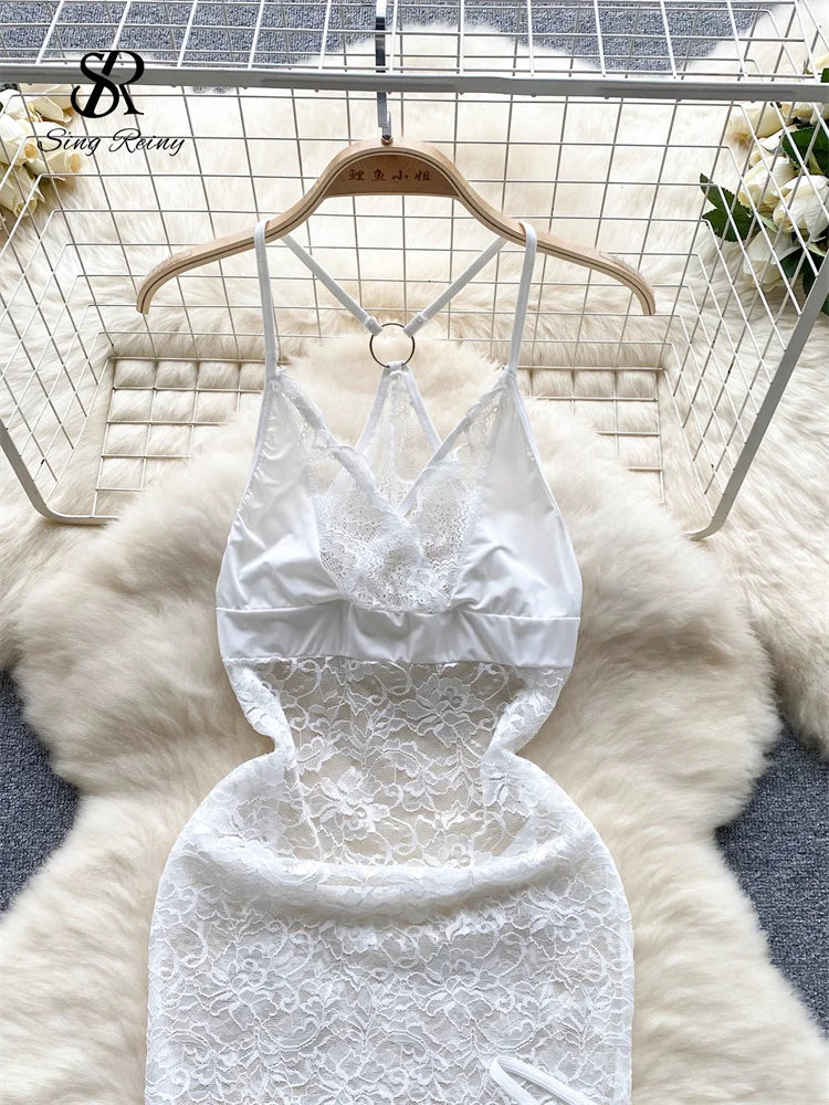 SINGREINY Summer France Sensual Night Dress Erotic Hollow Out Camis Lingerie Nightwear Women Split Slim Sheer Lace Pajamas Dress