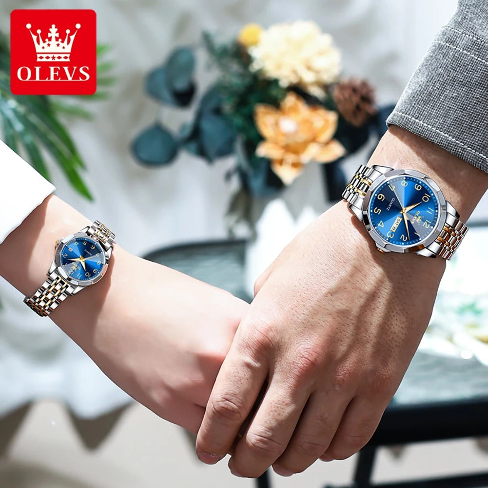 OLEVS 9970 New Luxury Quartz Couple Watch For Men Women Number Dial Rhombus Mirror Hand Clock Stainless Steel Original Watches