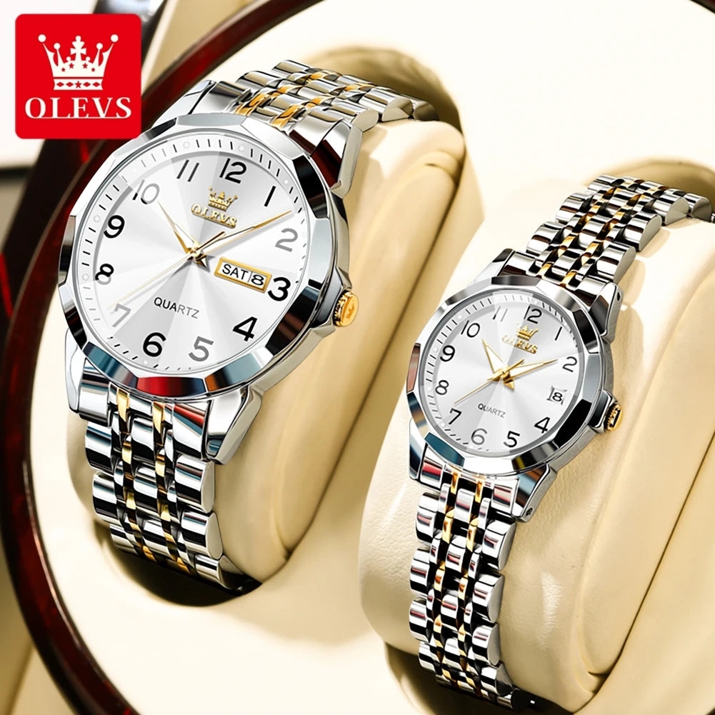 OLEVS 9970 New Luxury Quartz Couple Watch For Men Women Number Dial Rhombus Mirror Hand Clock Stainless Steel Original Watches
