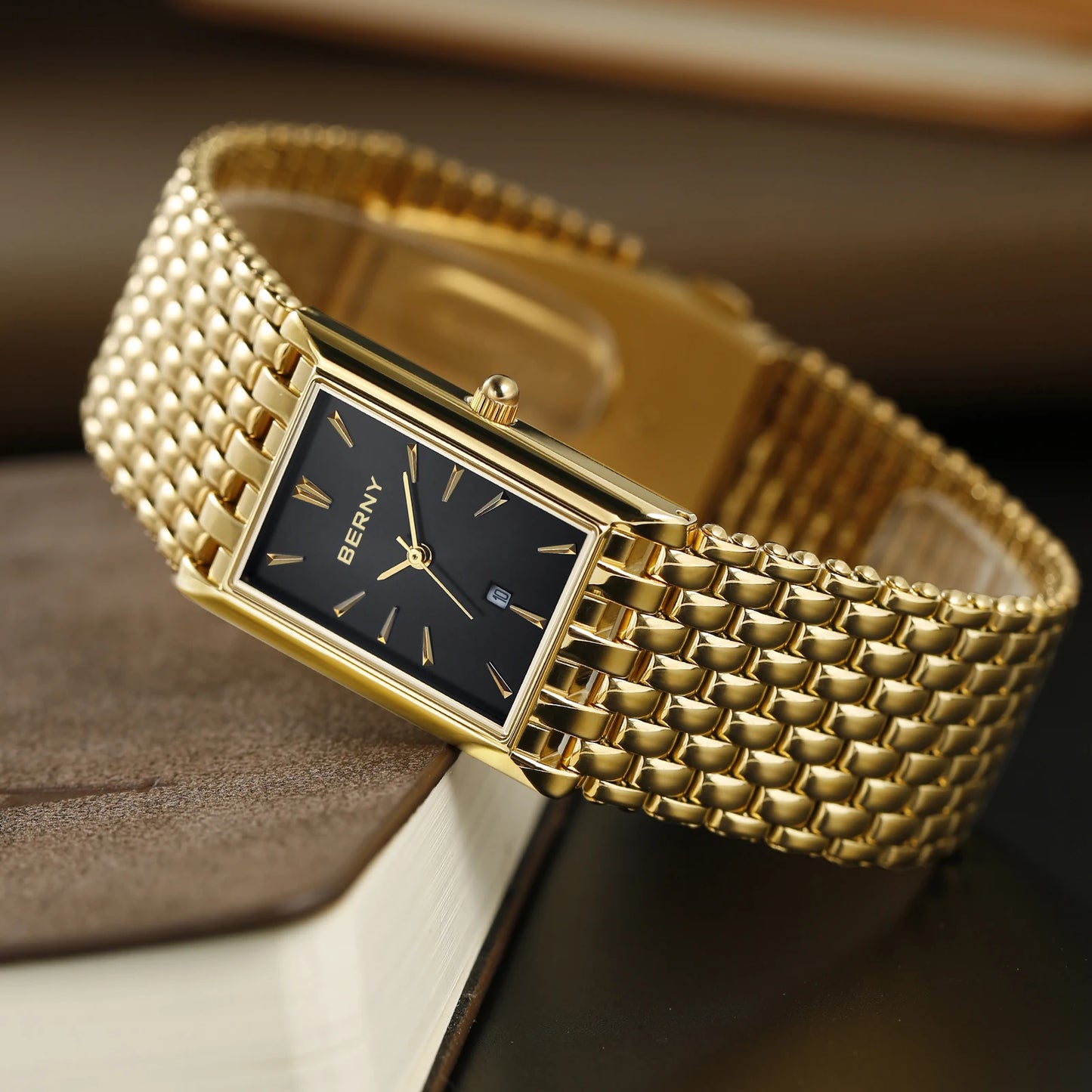 BERNY Gold Watch for Couple Luxury Women/Men Wristwatch Waterproof Golden Clock Quartz Stainless Steel Fashion Men Ladies Watch