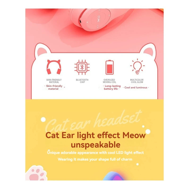 Bluetooth Cat Ear Headphones For Kids Wireless Mode Foldable Headset With Mic, RGB LED Light For Gift School Gaming