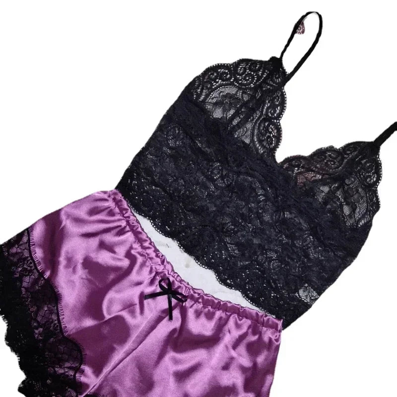 Women Fashion Elegant Pajama Sets Women Lace Silk Sleepwear Sexy Lingerie Crop Tops and Shorts Babydoll Loungewear Pijamas