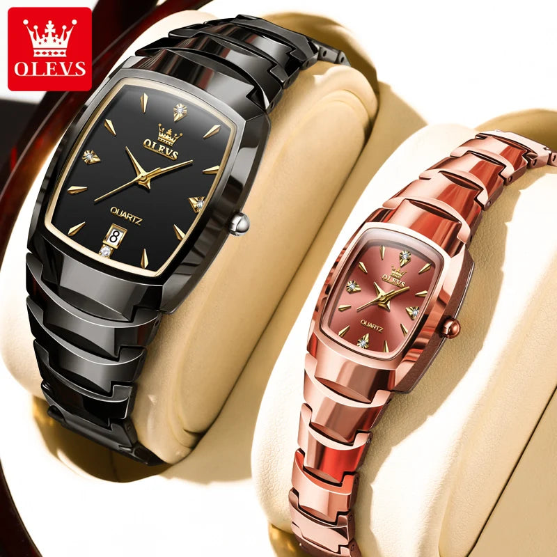OLEVS 7006 Couple Watch for Men and Women Tungsten Steel Strap Waterproof Date Clock He and Her Watch Sets for Gifts Lover Watch
