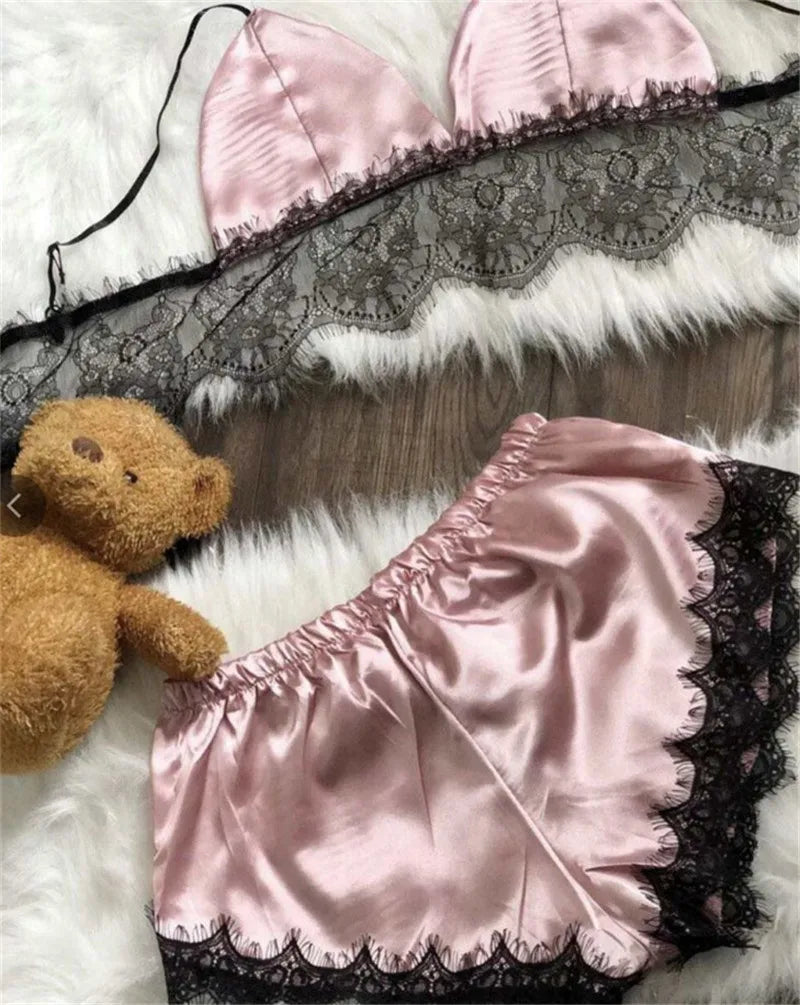 2023 New Pajamas for Women Sexy Satin Pajamas Set Comfortable Home Clothes Sleeveless Cute Bra  and Shorts V Neck Sleepwear