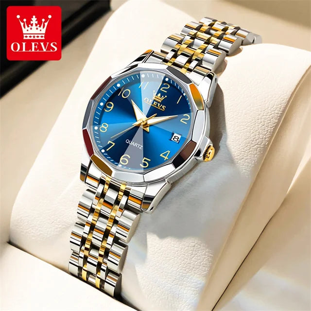 OLEVS 9970 Couple Watch Classic Digital Dial Stainless Steel Rhombus Mirror Luxury Top Quartz Watches for Men Women Lover's Gift