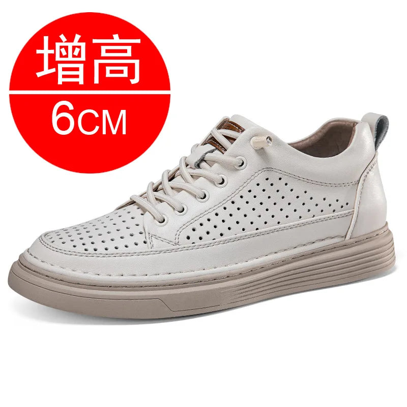 Plus Size 45 46 Men Elevator Shoes Summer Cow Leather Hollow Casual Sports Shoes Man 6cm Height Increasing Lift Sneakers Men
