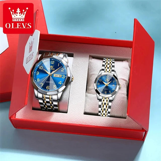 OLEVS 9970 Couple Watch Classic Digital Dial Stainless Steel Rhombus Mirror Luxury Top Quartz Watches for Men Women Lover's Gift