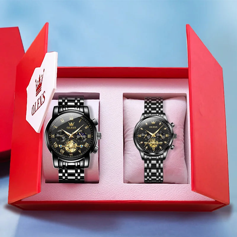 OLEVS Luxury Brand Couple Watches Waterproof Luminous Stainless Steel Quartz Watch His and Hers Moon Phase Fashion Lovers Set